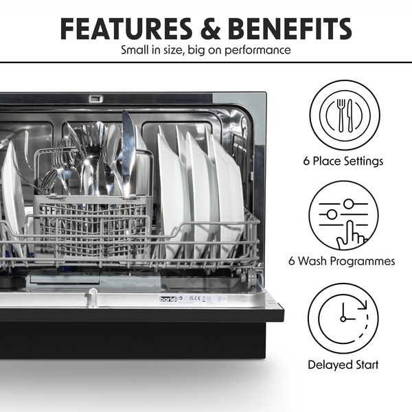 Sealey Baridi Tabletop Dishwasher 6 Place Settings 6.5L Capacity - Black