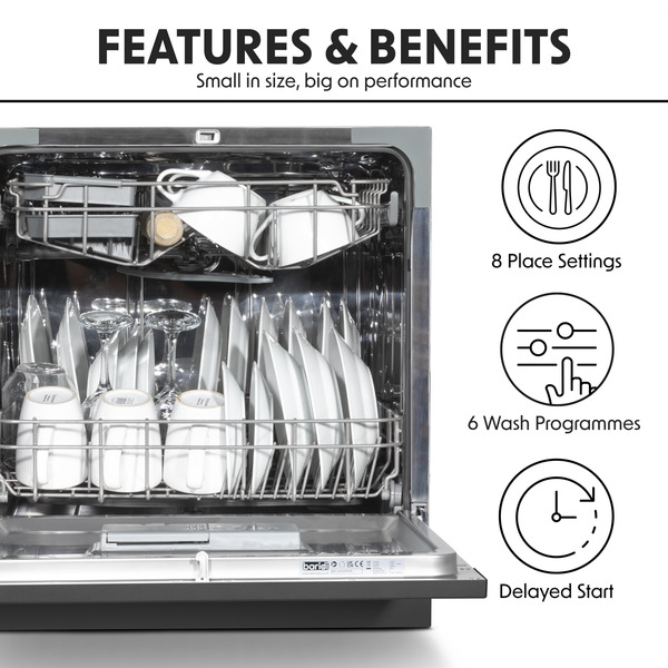 Baridi Tabletop Dishwasher 8 Place Settings 8L Capacity - Black