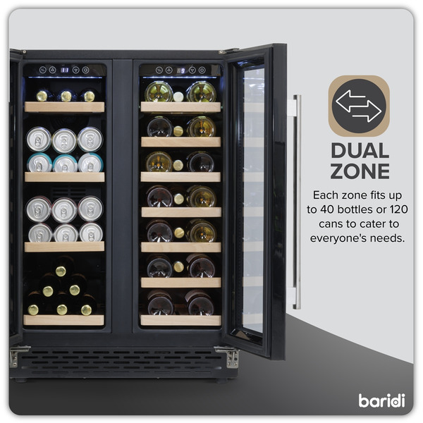 Sealey DH96 Baridi 40 Bottle/120 Can Under-Counter/Freestanding Dual Zone Wine Fridge & Cooler 60cm