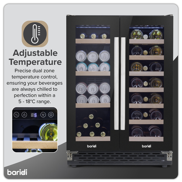 Sealey DH96 Baridi 40 Bottle/120 Can Under-Counter/Freestanding Dual Zone Wine Fridge & Cooler 60cm