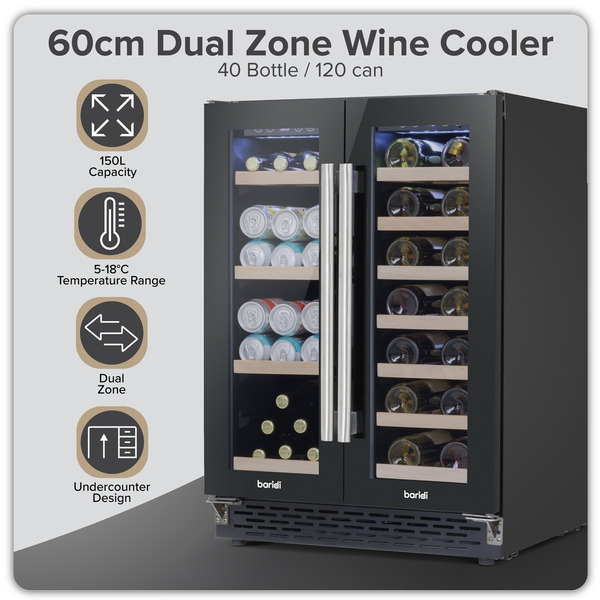 Sealey DH96 Baridi 40 Bottle/120 Can Under-Counter/Freestanding Dual Zone Wine Fridge & Cooler 60cm