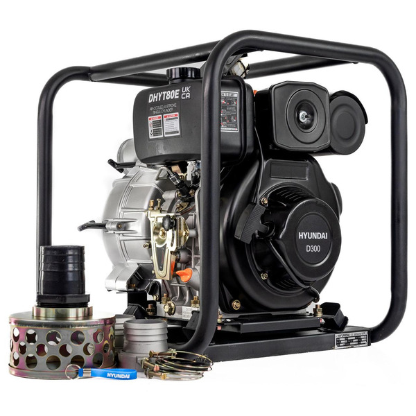 Hyundai DHYT80E 80mm 3 Electric Start Open Frame Diesel Trash Water Pump, 25m Total Head, 6m Lift, 880min Flow Rate, 6hp, 296cc