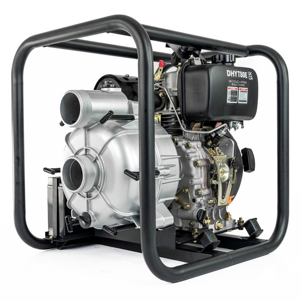 Hyundai DHYT80E 80mm 3 Electric Start Open Frame Diesel Trash Water Pump, 25m Total Head, 6m Lift, 880min Flow Rate, 6hp, 296cc