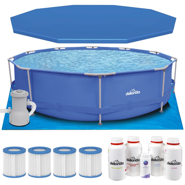 Sealey DL138 Dellonda Steel Frame Round Swimming Pool & Filter Pump with Cover, Ground Sheet, Test Strips, Starter Kit & Filters 12ft - Blue