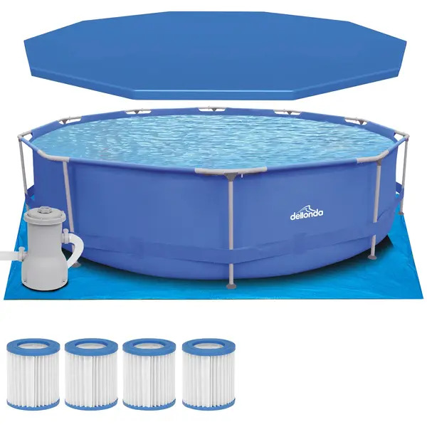 Sealey DL138 Dellonda Steel Frame Round Swimming Pool & Filter Pump with Cover, Ground Sheet, Test Strips, Starter Kit & Filters 12ft - Blue
