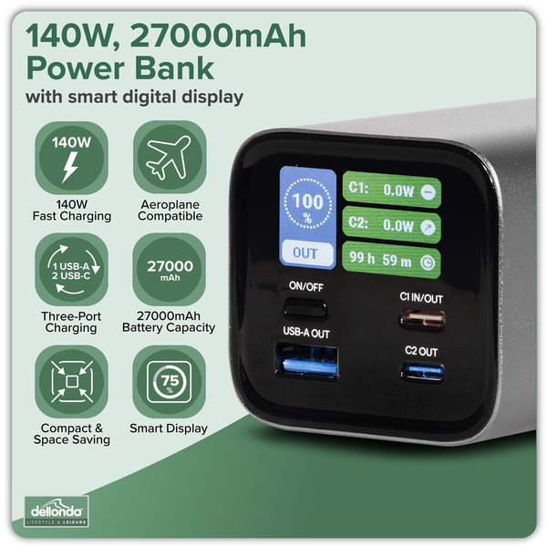 Sealey DL168 Dellonda Portable Power Bank 140W 27000mAh