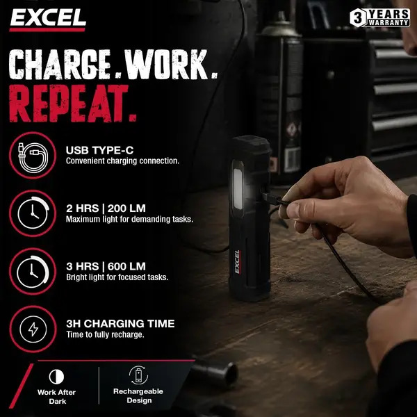 Excel 10946 600 Lumens LED Rechargeable Magnetic Handheld Work Light with Red Laser