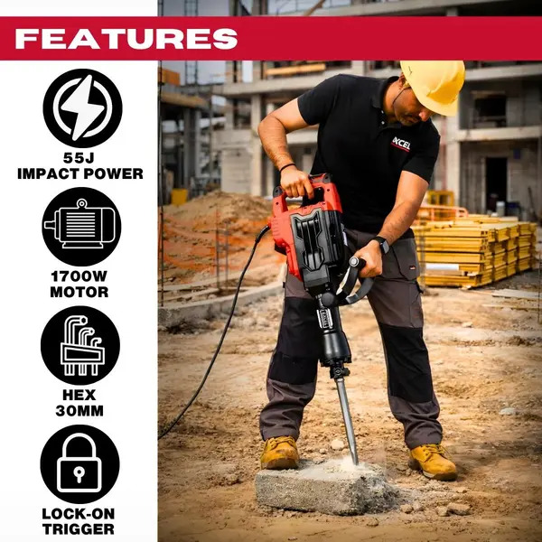 Excel 31945 1700W 55J Hex Shank Demolition Hammer 230V with Case & Chisels