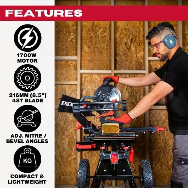 Excel 31708 216mm Sliding Mitre Saw with LED Light & 48T Blade 240V/1700W