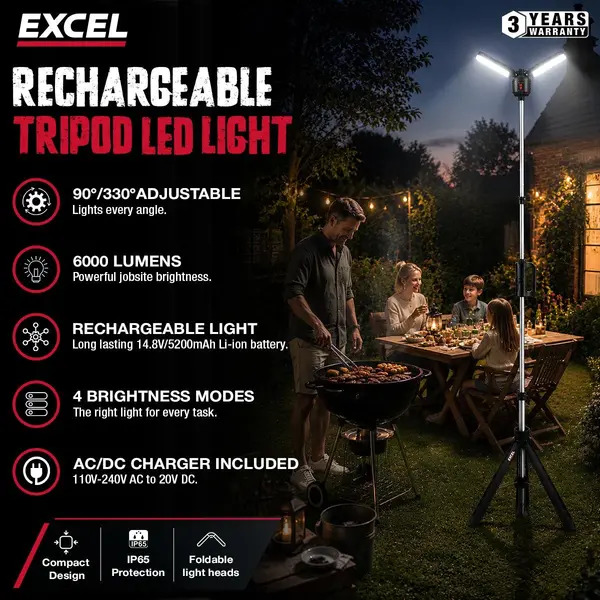 Excel EXL10968 10968 6000 Lumens Rechargeable LED Tripod Work Light with Adjustable Head