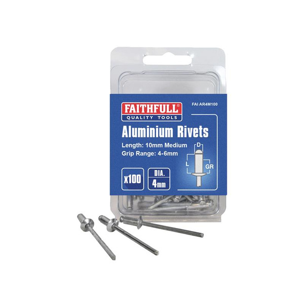Faithfull FAIAR4M100 Aluminium Rivets 4 x 10mm Medium Pre-Pack of 100