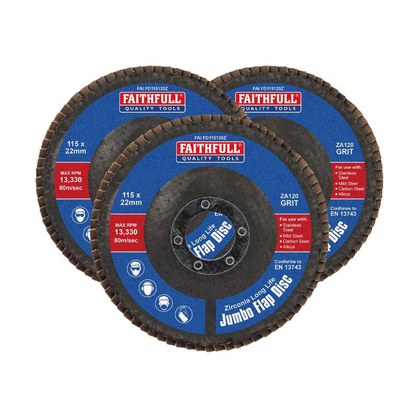 Faithfull FAIFD11512Z3 Zirconia Abrasive Jumbo Flap Disc 115 x 22mm 120 Grit (3 Pack)