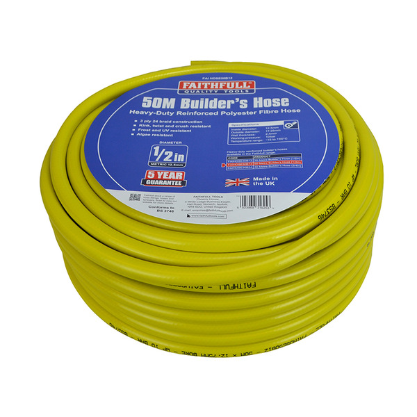 Heavy-Duty Reinforced Builder's Hose 50m 12.5mm (1/2in) Diameter
