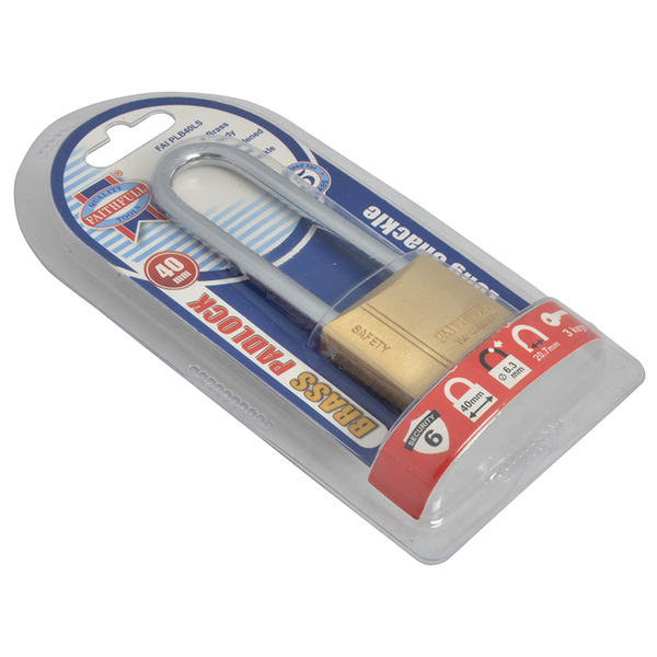 Faithfull Brass Padlock 40mm Long Shackle 3 Keys