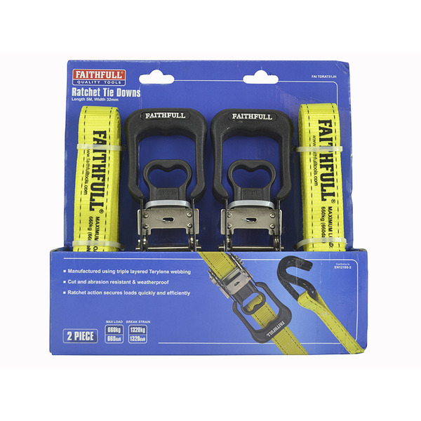 Ratchet Tie-Downs J-Hook 5m x 32mm Breaking Strain 1320kg/daN 2 Piece