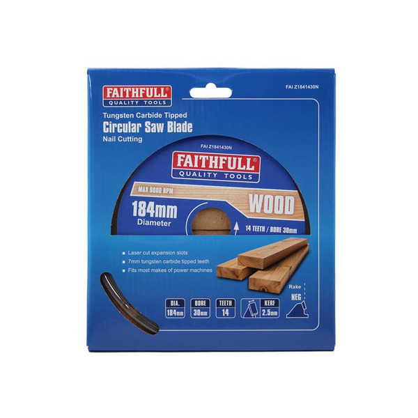 Faithfull FAIZ1841430N TCT Circular Saw Blade Nail Cutting 184 x 30mm x 14T NEG