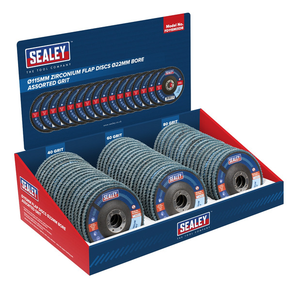 Sealey FD115MIXDB Assorted Grit Flap Discs Zirconium �115mm �22mm Bore - Display Box of 60