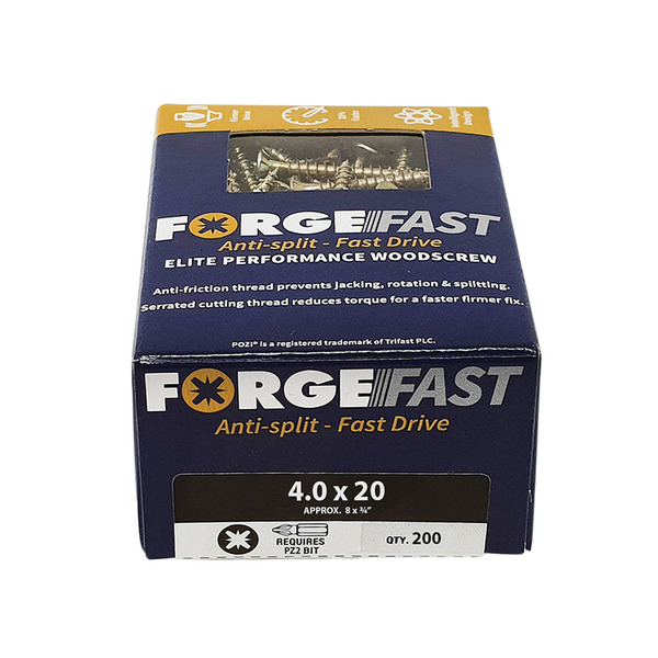ForgeFast Pozi Compatible Elite Performance Wood Screw ZY 4.0 x 20mm Box 200