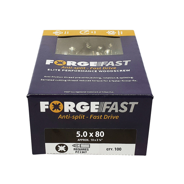 ForgeFast Pozi Compatible Elite Performance Wood Screw ZY 5.0 x 80mm Box 100