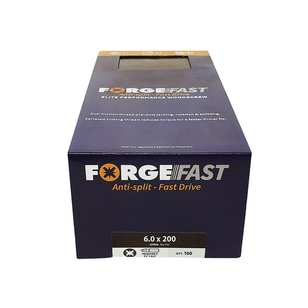 ForgeFast Pozi Compatible Elite Performance Wood Screw ZY 6.0 x 200mm Box 100