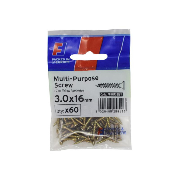 ForgeFix FORFPMS316Y Multi-Purpose Pozi Screw CSK ST ZYP 3.0 x 16mm ForgePack 60