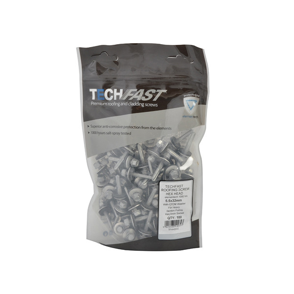TechFast Hex Roofing Screw Self-Drill Heavy Section 5.5 x 32mm Pack 100