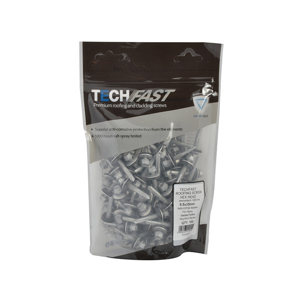 TechFast Hex Head Roofing Screw Self-Drill Heavy Section 5.5 x 35mm Pack 100