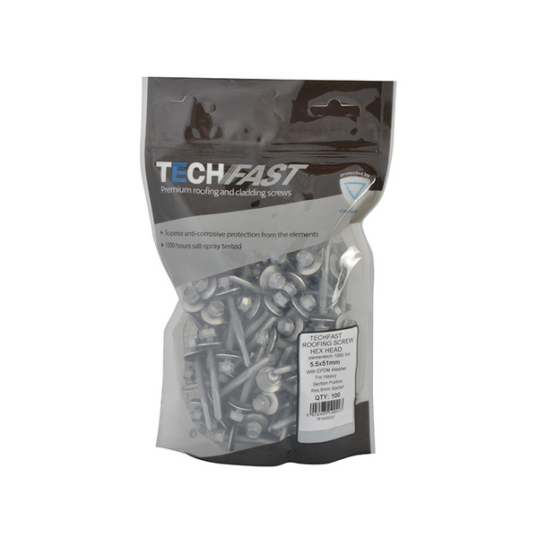 TechFast Hex Head Roofing Screw Self-Drill Heavy Section 5.5 x 51mm Pack 100