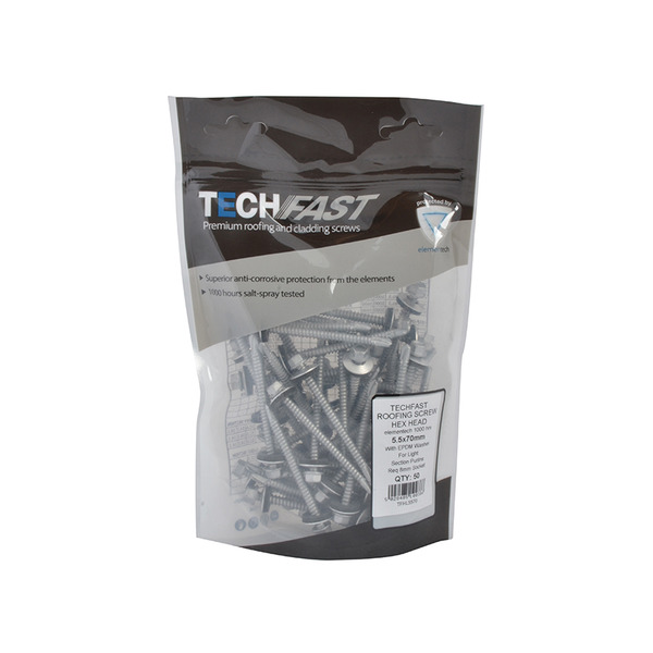 TechFast Hex Head Roofing Screw Self-Drill Light Section 5.5 x 70mm Pack 50