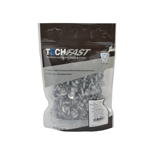 TechFast Hex Head Stitching Screw Self-Drill 6.3 x 22mm Pack 100