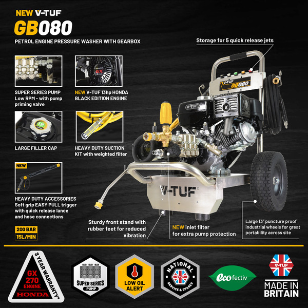 V-TUF GB080 Industrial 9HP Gearbox Driven Honda Petrol Pressure Washer - 2900psi, 200Bar, 15 lpm - Stainless Steel Frame