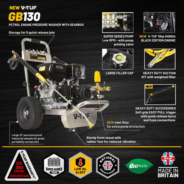 V-TUF GB130 3626psi, 250Bar, 15L/min Industrial 13HP Gearbox Driven Honda Petrol Pressure Washer - Stainless Steel Frame