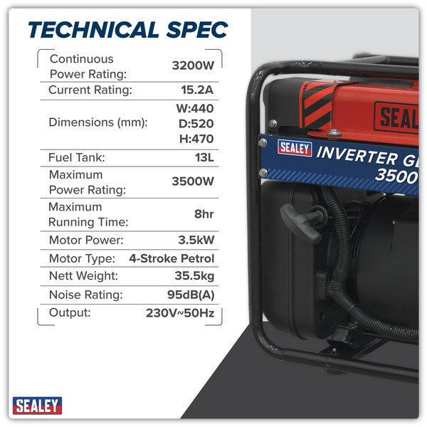 Sealey GI3500 3500W Inverter Generator 4-Stroke Engine 230V