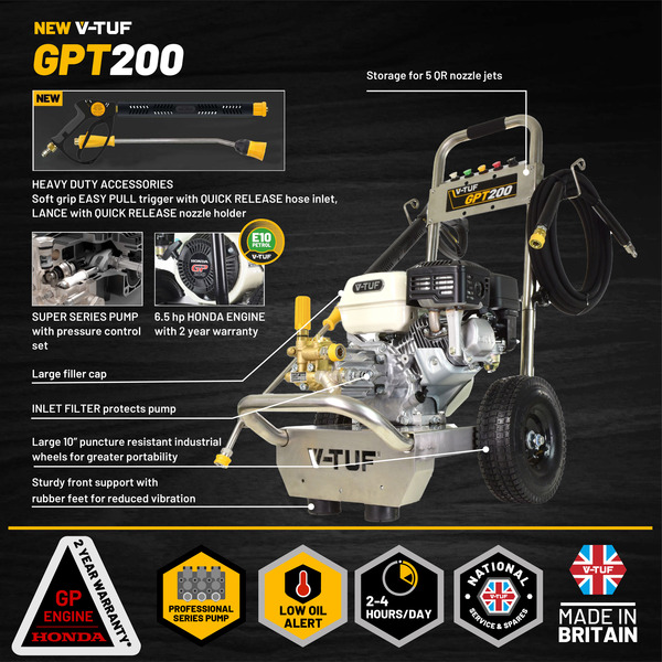 V-TUF GPT200 Industrial 6.5HP Petrol Pressure Washer with GP200 Honda Engine - 2755psi, 190Bar, 12L/min PUMP - Stainless Steel Frame