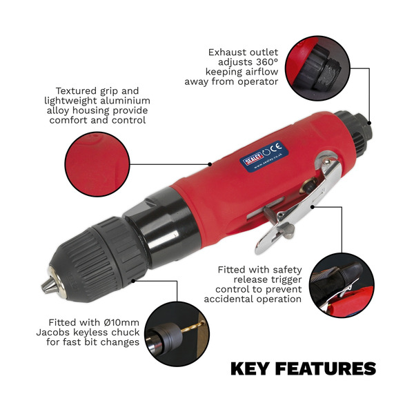Sealey GSA232 Generation Straight Air Drill with Keyless Chuck 10mm