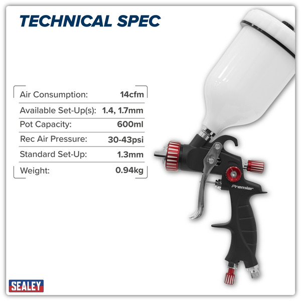 Sealey HVLP01 Premier Professional HVLP Gravity Feed Spray Gun 1.3mm Set-Up