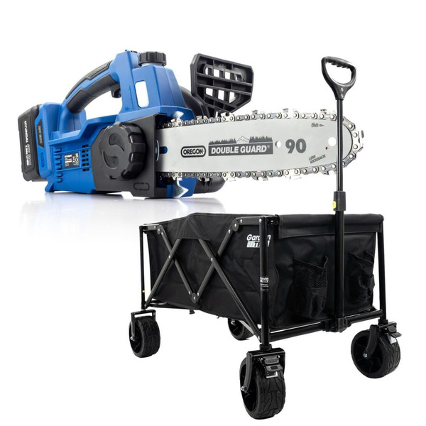 Hyundai 10'' 25cm Cordless Chainsaw Brushless 20V Li-Ion 4Ah Battery & GardenTek Garden Trolley on Wheels, 120kg Load with Brakes | HY2190+GTW260