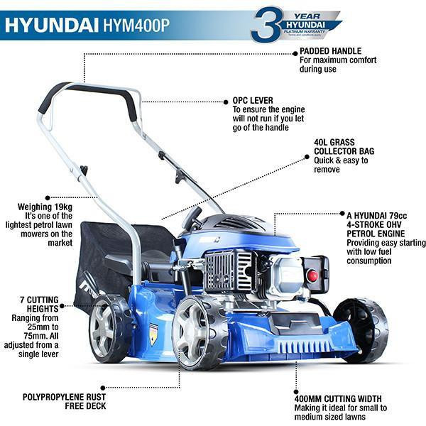Hyundai 16 / 40cm Cut Lightweight Petrol Push Lawnmower And Extras
