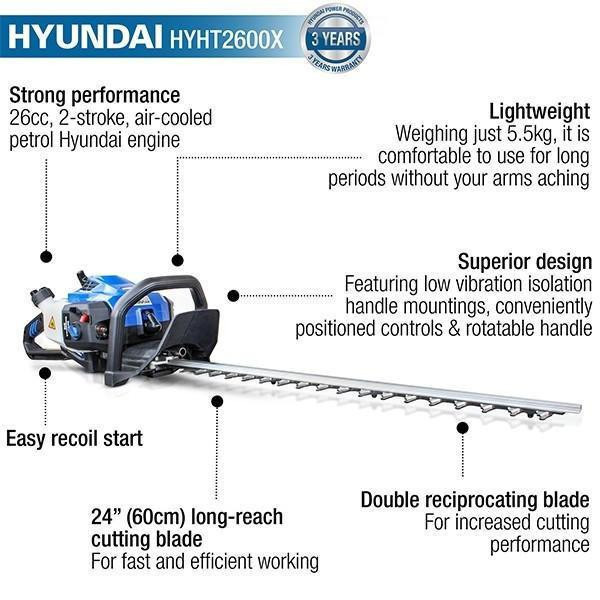 Hyundai 26cc 600mm Petrol Hedge Trimmer Cutter, Easy-Start & Lightweight 2-stroke & GardenTek Garden Trolley on Wheels, 120kg Load with Brakes | HYHT2600X+GTW260