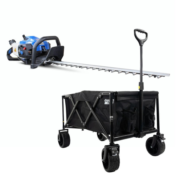 Hyundai 26cc 600mm Petrol Hedge Trimmer Cutter, Easy-Start & Lightweight 2-stroke & GardenTek Garden Trolley on Wheels, 120kg Load with Brakes | HYHT2600X+GTW260