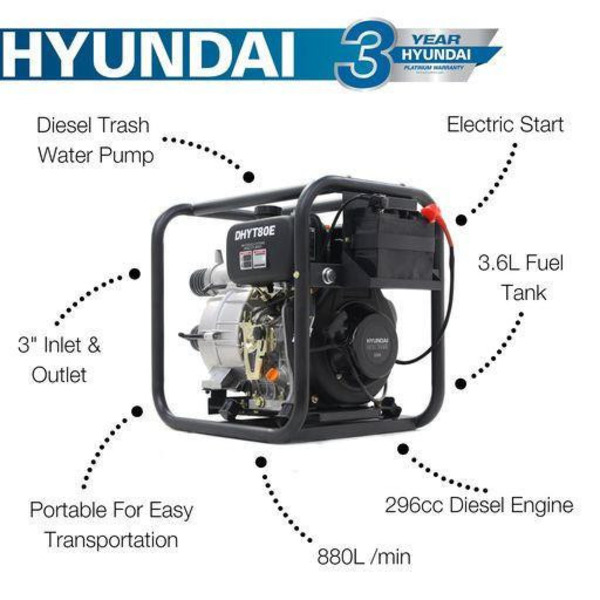 Hyundai Diesel Dirty Water Pump 3in Electric Start + 2 Hoses