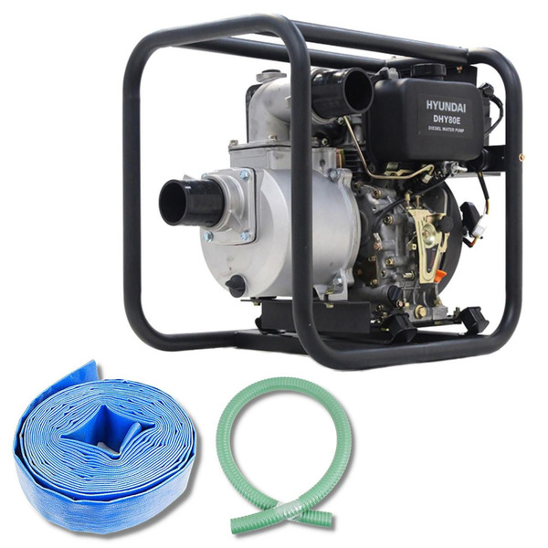 Hyundai Diesel Water Pump Electric Start Commercial 60,000 L/HR + 2 Hoses