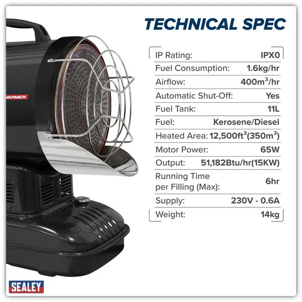 Sealey IR115 Infrared Space Warmer&reg; Kerosene/Diesel Heater 51,000Btu/hr