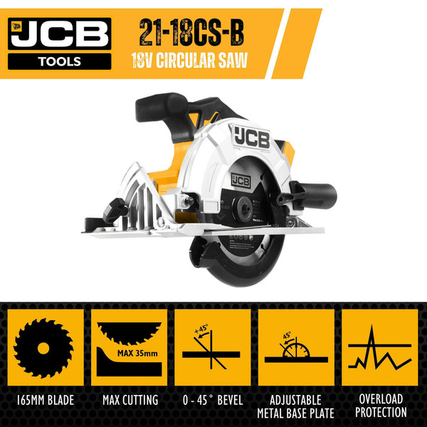 JCB 18V Cordless Circular Saw 165mm 6.5 Li-Ion Battery 2-5.0Ah | 21-18CS-B, Bare Unit
