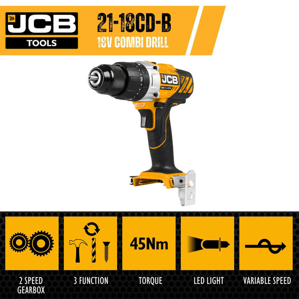 JCB 18V 45Nm Combi Drill, Variable Speed, 2-5Ah Li-ion Battery | 21-18CD-B, Bare Unit