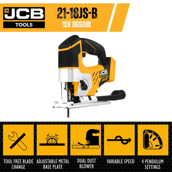 JCB 18V Cordless Jigsaw Li-ion 2Ah-5Ah Battery, 0-45 Degrees Cutting Positions | 21-18JS-B, Bare Unit + 5.0Ah Battery
