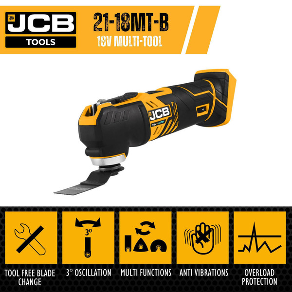 JCB 18V Cordless Multi-Tool, 2-5.0AH Li-Ion Battery Options, Quick Change Blade | 21-18MT-B, Bare Unit + 2.0Ah Battery
