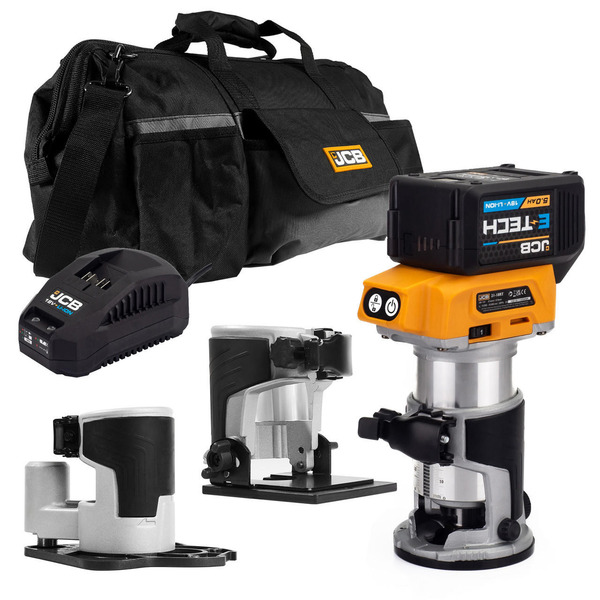 JCB 18V B/L Router with 3x bases (trimmer, offset, incline) 5.0ah Lithium-Ion battery and charger in 20 kit bag | 21-18RTKIT-5X-B