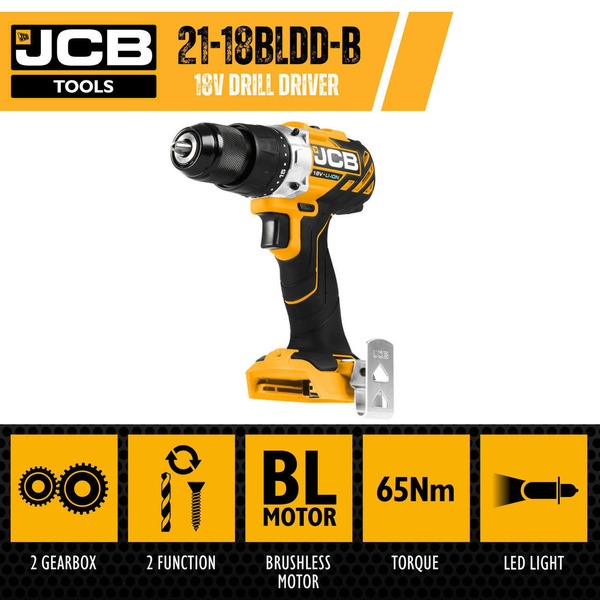 JCB 18V Brushless Drill 2.0-5.0Ah Li-ion Battery, 13mm 1/2 Keyless Chuck | 21-18BLDD-B, Bare Unit