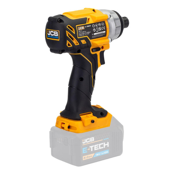 JCB 18V Brushless Impact Driver,180Nm, 2.0Ah-5.0Ah Li-Ion Batteries, 1/4 Hex Quick Release Chuck | 21-18BLID-B, Bare Unit + 5.0Ah Battery